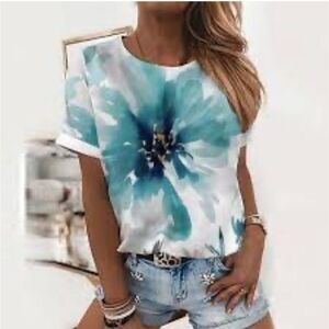 Noracora Fooral White Blue T-shirt Jersey Blouse Top Size XL